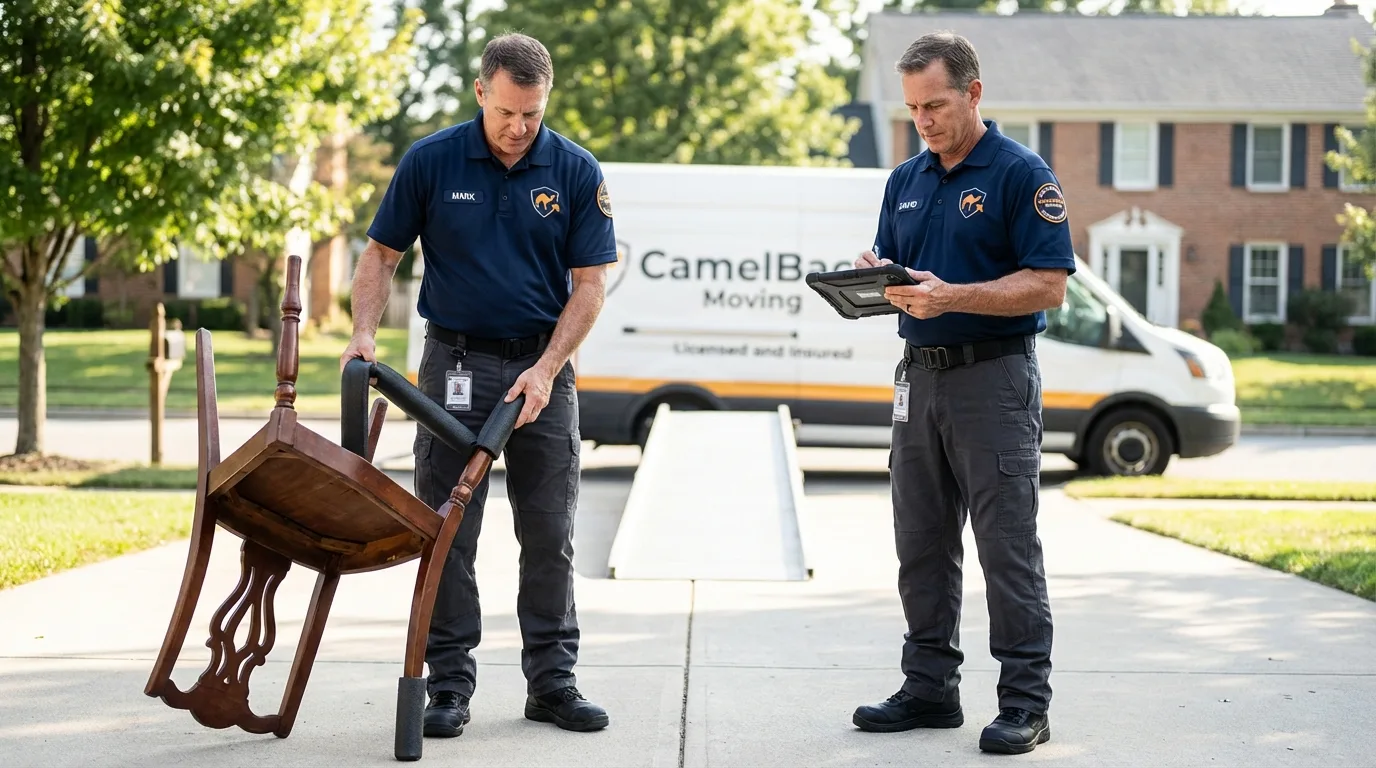 Movers inspecting furniture for damage prevention before loading in Sharpsville, PA