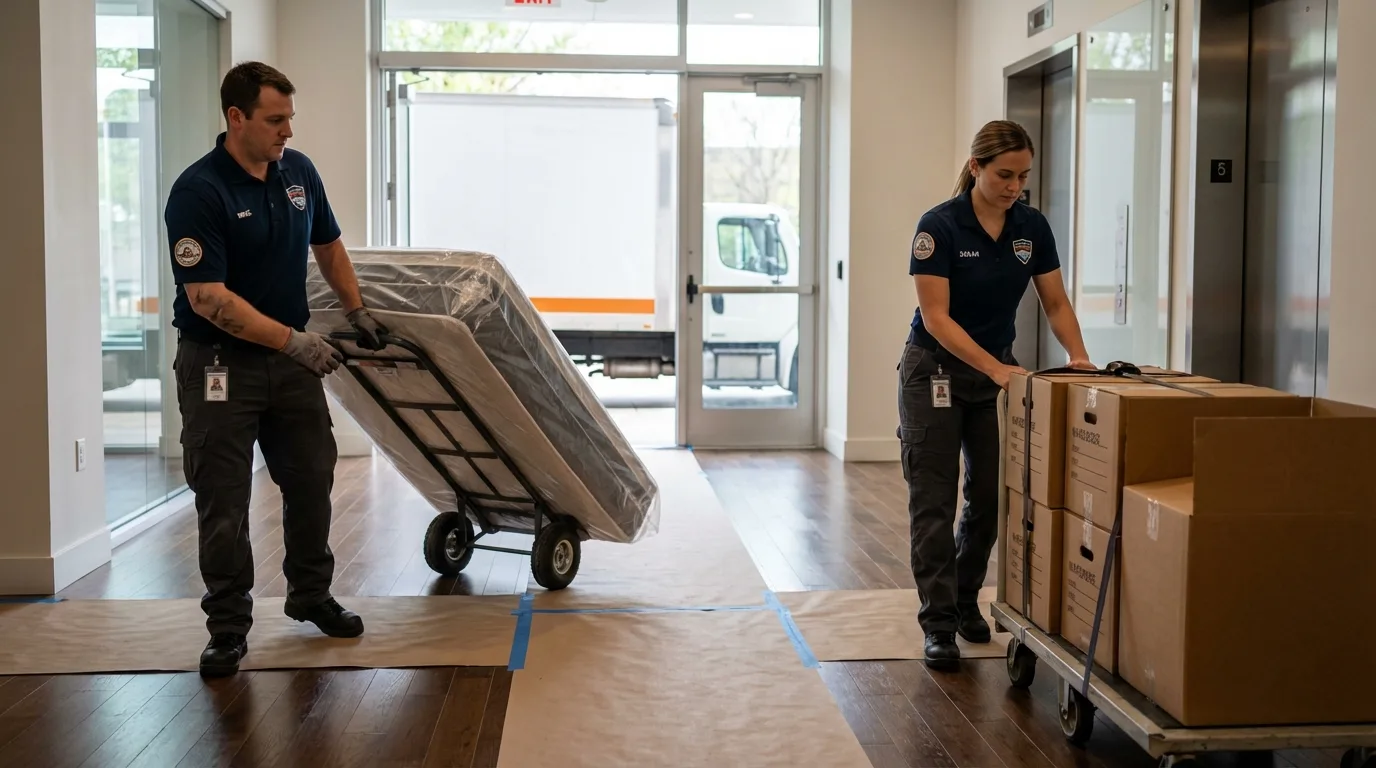Professional apartment movers loading elevator in Sharpsville, PA