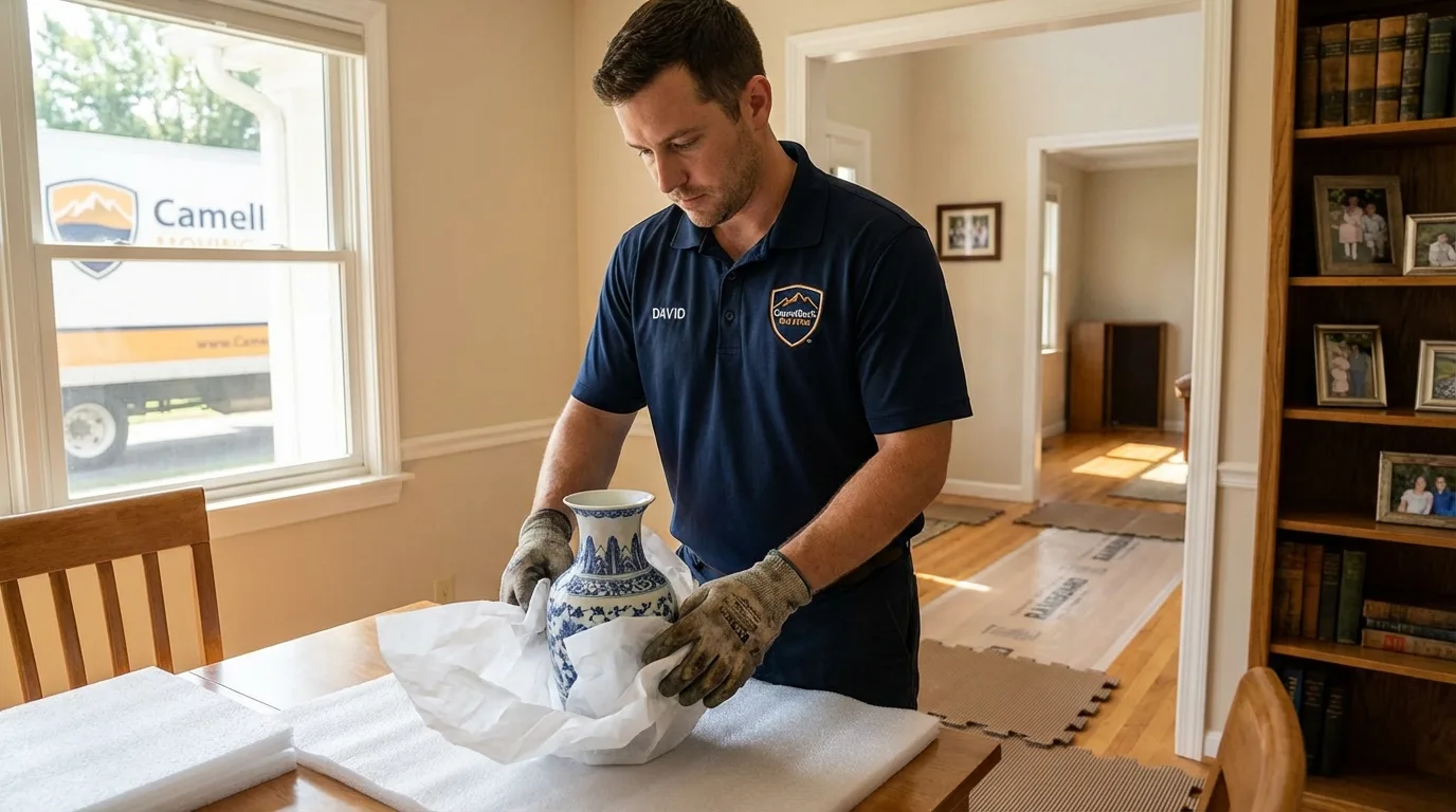 Professional crew carefully wrapping antique vase for senior downsizing move in Sharpsville, PA